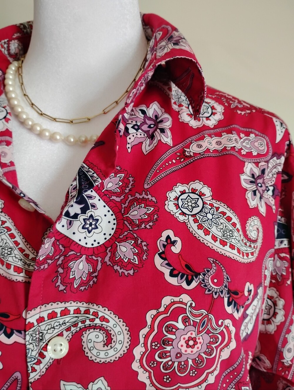 Cremiuex Classics Cotton Button Up Shirt Cranberry Red Paisley Colorful Size Med